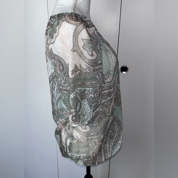 Chico's Boho Paisley Blouse Size 0 Sheer Chiffon Short Sleeve Top Green Brown - Picture 3 of 6